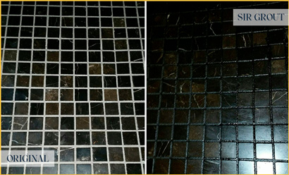 Picture of a Dark Tile Floor Before and After Grout Sealing and Recoloring