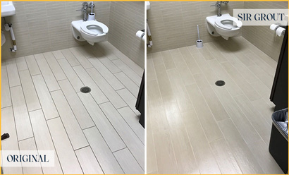 Dirty Restroom Tile Floor Before and Then the Results After Sir Grout's Cleaning and Sealing Service