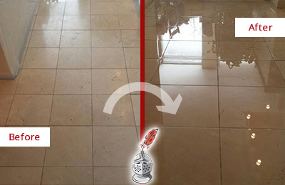 Before and after picture of a travertine floor polish on a stone restoration