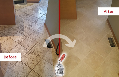 This pitted marble kitchen floor was completely restored and enhanced Before and after picture of a stone restoration on pitted marble floor
