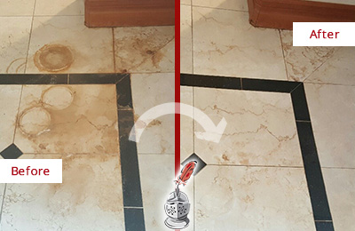 These rust stains were safely removed thanks to a restoration service on marble floor Before and after picture of a stone restoration on marble floor