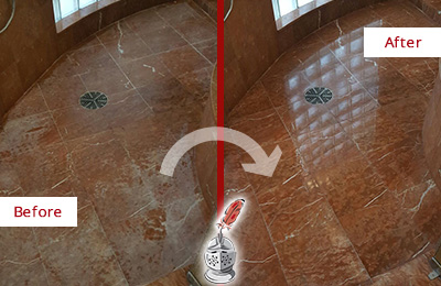 Before and after picture of a stone restoration on red marble shower