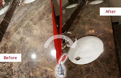 This dull and scratched vanity top recovered its luster after a stone restoration job Before and after picture of a stone restoration on marble vanity top