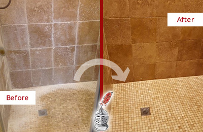 This shower was plagued with soap scum and mineral deposits and looked as new after a stone restoration Before and after picture of a stone restoration on travertine shower