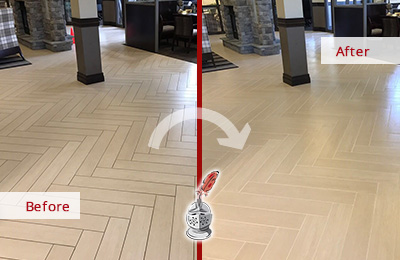 Sir Grout Cleans and Seals this Lobby Tile Floor During a Maintenance Visit to Remove Embedded Grime Before and After Picture of Lobby Tile Floor Cleaned and Sealed to Remove Embedded Grime