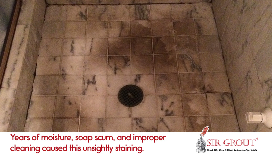 Years of moisture, soap scum, and improper cleaning caused this unsightly staining A Cleaning and Sealing Can Recover Stained Marble Surfaces