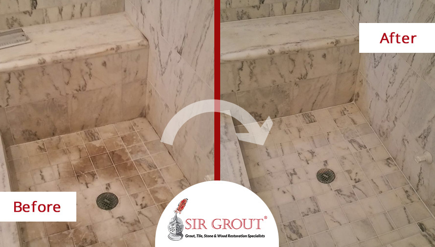Sir Grout's Stone Cleaning and Sealing Service Can Prolong the Life of Your Shower Before and After Picture of a Stained Marble Shower