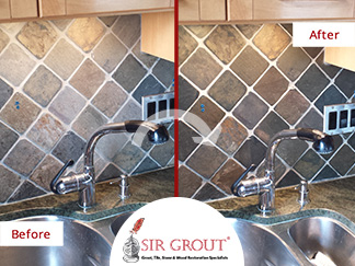 Before and after picture of a slate surface cleaning and enhancement service