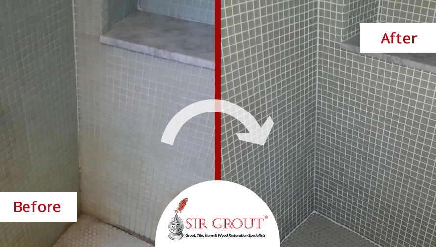 This Mosaic Tile Shower Was Covered with Brown Soap Scum, We Removed It During a Tile Cleaning and Sealing Service Before and After Picture of a Mosaic Tile Cleaning and Sealing Service