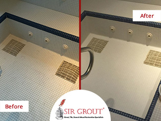 Before and After Picture of a Jacuzzi Grout Sealing Service
