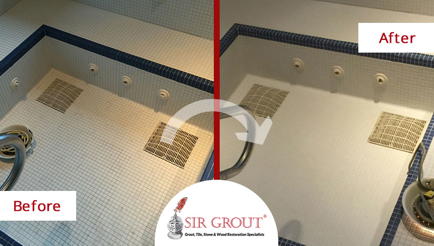 This worn down Jacuzzi was rescued thanks to a Grout Sealing Service Before and After Picture of a Jacuzzi Grout Sealing Service