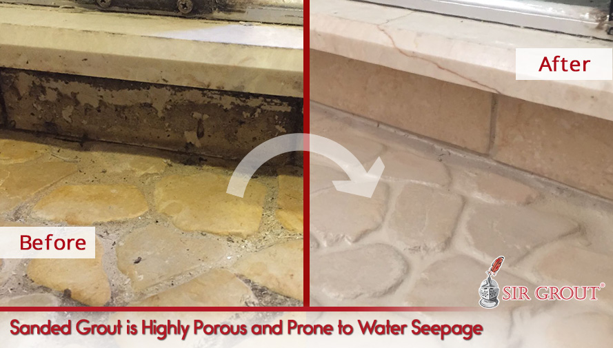 Before and After Picture of a Bathroom Floor with Sanded Grout Sealed for Protection