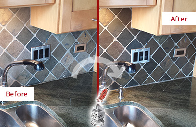 Before and After Picture of a Caulking and Grout Cleaning Service on a Kitchen's Backsplash