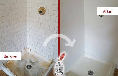 Before and After Picture of a Shower Plagued with Mold