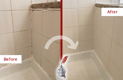 Before and After Picture of a Shower with Damaged Caulking Repaired with our Tile and Grout Services