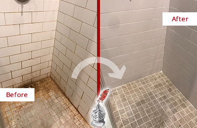 Before and After Picture of a Shower with Water Damage