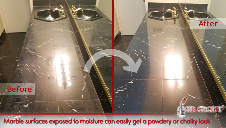 Marble surfaces exposed to moisture can easily get a powdery or chalky look Picture of a Black Marble Vanity Top Before and After a Honing and Polishing Job