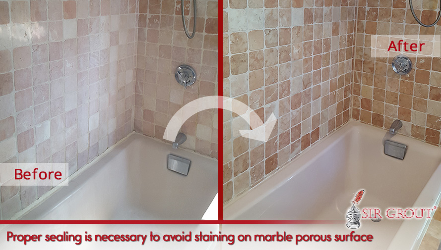 Proper sealing is necessary to avoid staining on marble porous surface Picture of a Tumbled Marble Shower Before and After a Honing and Polishing Job