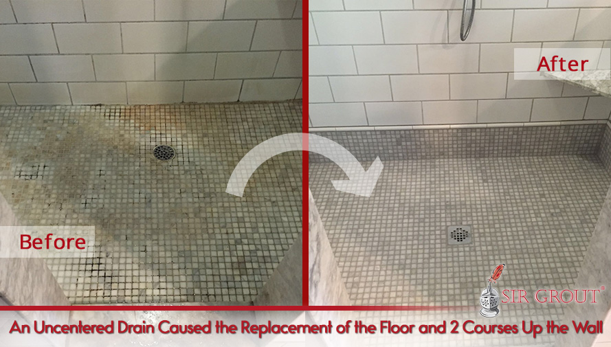 An Uncentered Drain Caused the Replacement of the Floor and 2 Courses Up the Wall Before and After Picture of Water Damage Repair on a Tile Floor