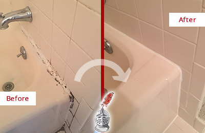 Before and After Picture of a Bathroom Sink with Damage Caulking