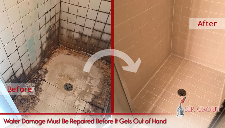 Before and After Picture of Severe Water Damage Repair on a Tile Shower