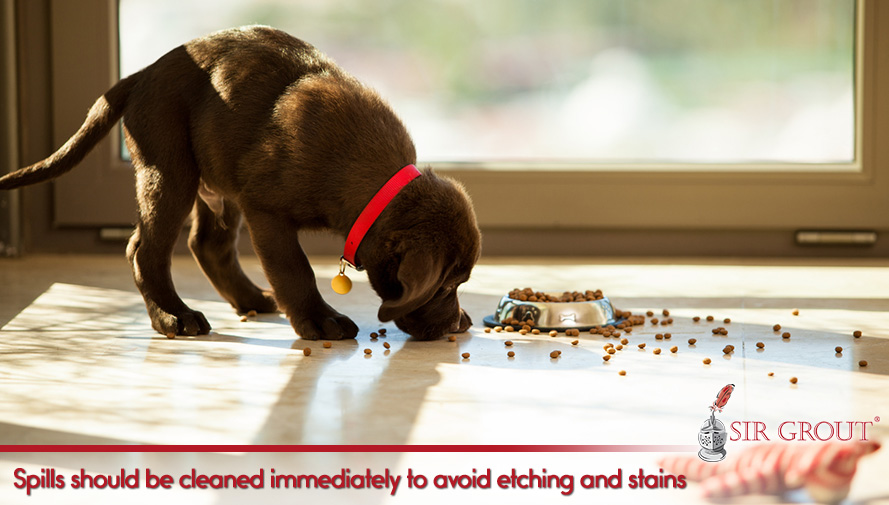 A professional cleaning and sealing can remove stains from tile and stone floors Spills should be cleaned immediately to prevent etching and stains