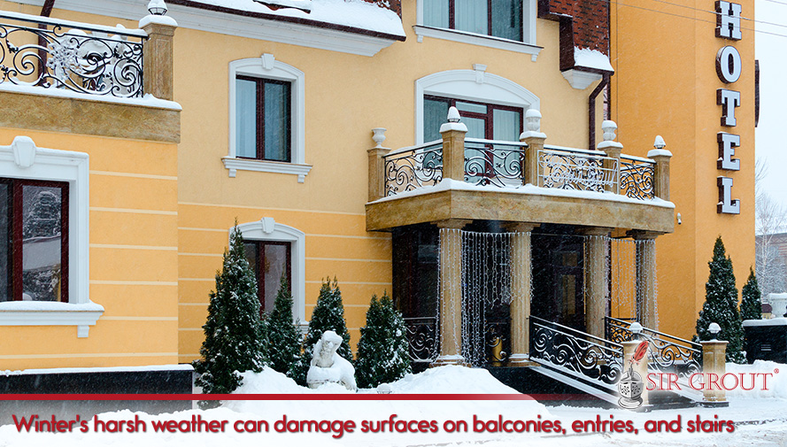 Protect your hotel or commercial establishment entry, stairs and balconies from the harsh weather Winter's harsh weather can damage surfaces on balconies, entries and stairs