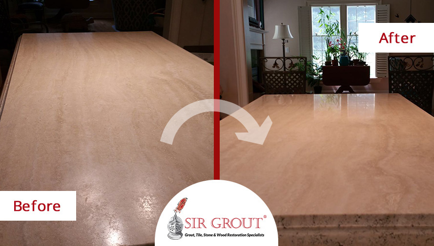 If Your Stone Countertops Are Looking Dull A Stone Countertop Sealing May Be the Solution! Before and After Picture of a Travertine Stone Countertop Sealing