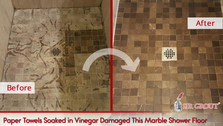 Stained Marble Floor Before and After a Stone Cleaning Service Paper Towels Soaked in Vinegar Damaged This Marble Shower Floor