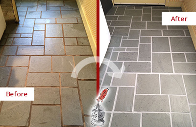 Slate Tiles Floor Before and After Cracked Grout Repair