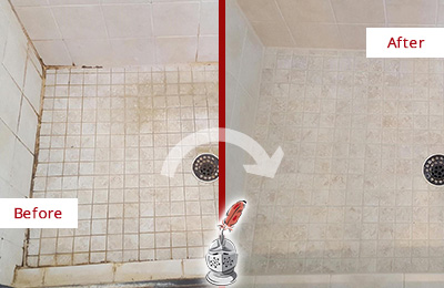 Picture of a Mosaic Tile Shower Before and After Grout and Caulking Cracks Repair