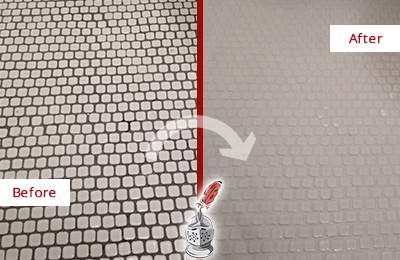 Picture of Soiled White Small Tile Shower Before and After Cleaning Grout
