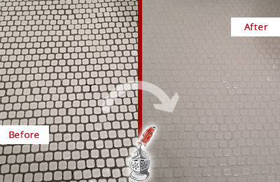 Picture of Soiled White Small Tile Shower Before and After Cleaning Grout
