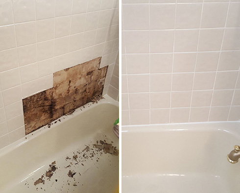 Water Damaged Drywall Backing in Shower on Left and on Right It's Repaired With Tiles and Grout