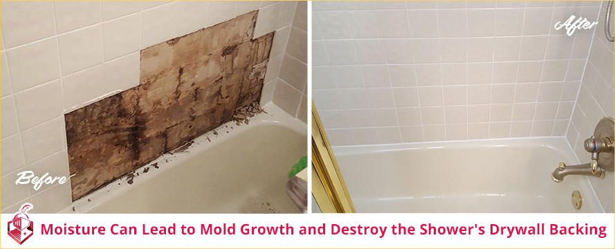 Water Damaged Drywall Backing in Shower on Left and on Right It's Repaired With Tiles and Grout