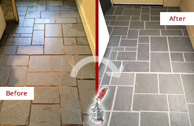 Picture of Slate Tiles Floor Before and After Cracked Grout Repair