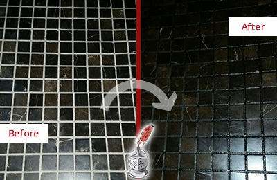 Sir Grout Recolors and Seals this Grout Lines to Match Black Tile's Color Before and After Picture of Grout Lines Recolored and Sealed to Match Black Tile's Color