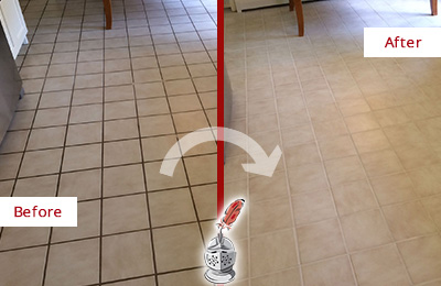 Sir Grout Recolors and Seals this Dirty Kitchen Tile Floor for Extra Protection Before and After Picture of a Dirty Kitchen Tile Floor Recolored and Sealed for Extra Protection