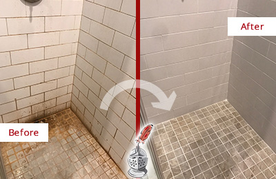 Picture of Tile Shower Plagued with Mold and Mildew Before and After Cleaning Tile and Grout