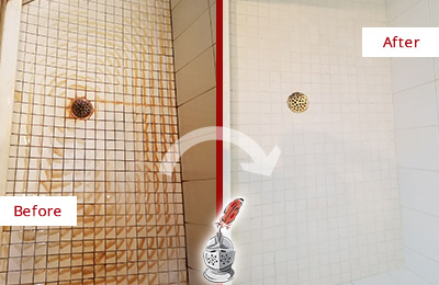 Picture of White Tile Shower with Heavy Rust Stains