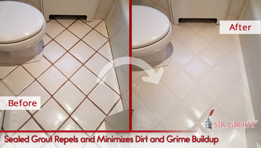 Before and After Sir Grout's Bathroom Tile and Grout Sealing Service Which Repels/Minimizes Dirt Buildup