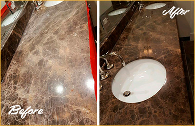 Before and After Picture of a Marble Stone Cleaning and Sealing on a Bathroom Counter