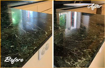 Before and After Picture of a Stone Cleaning and Sealing on a Kitchen Marble Counter