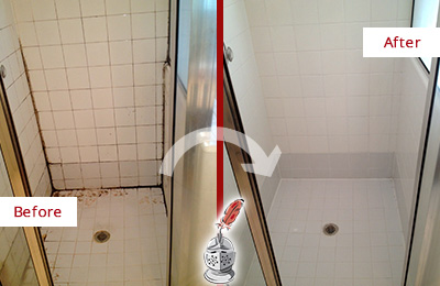 Before and After Picture of a shower with Moldy Tile and Grout