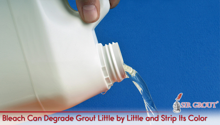 Bottle of Bleach Being Poured on Grout Which Can Break It Down and Strip Its Color