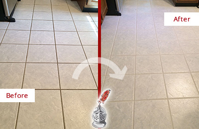 Before and After of a Dirty Kitchen Tile Floor Cleaned and Sealed for Extra Protection