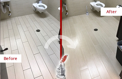 Dirty Restroom Tile Floor Before and Then the Results After Sir Grout's Cleaning and Sealing Service