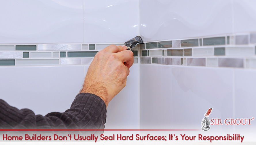 Homeowner Sealing His Hard Surface Shower Grout Lines Because Home Builder Don't Usually; It's Your Responsibility