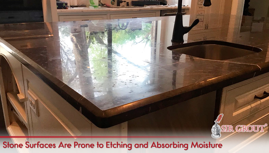 Stone Countertop With Etch Marks and Moisture Stains As Stone Is Prone To Damage and Deterioration