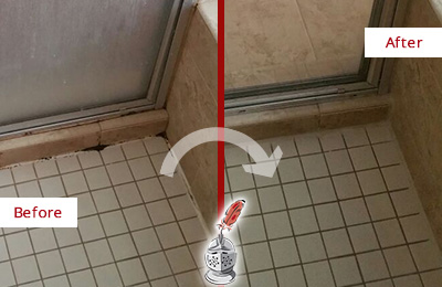 Sir Grout Restored this Shower Floor joints with a Bathroom Caulking to Replace Damaged Caulk Before and After Picture of a Bathroom Caulking on the Floor Joints